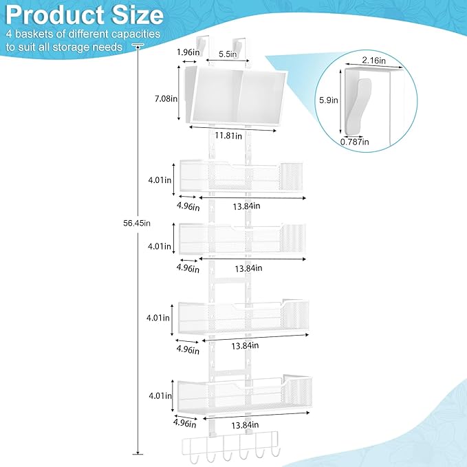 Adjustable Over The Door Organizer, Hanging Door Storage with PVC Pocket and 4 Metal Baskets Wall Mount, Closet Door Organizer Behind Door Rack for Bathroom Bedroom Closet, White-Ruum Studio Home