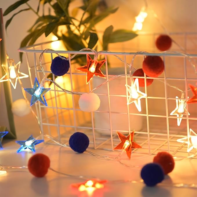4th of July Decorations 9.85FT Red White and Blue Star String Lights Pom Pom Star Lights Battery Operated with Timer Fairy Lights for Independence Day Memorial Patriotic Fourth of July Decor for Home-Ruum Studio Home