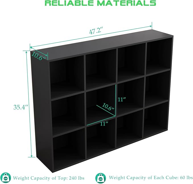 12-Cube Storage Shelf Bookcase - Wooden 3-Tier Floor Standing Open Bookshelf for Home and Office, Display Cabinet, Black-Ruum Studio Home