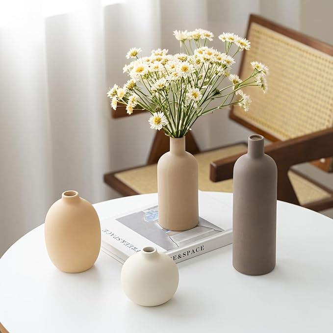 Modern Ceramic Vase Set, Neutral Colors, Decorative Vases for Home Shelf Decor, 4 Piece Collection (Coffee Mix Set 4)-Ruum Studio Home