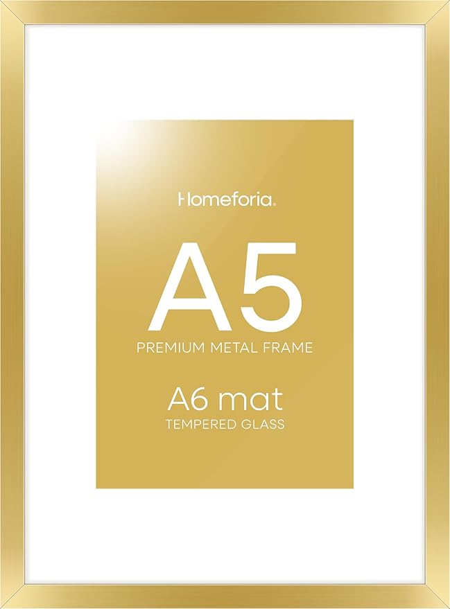 Homeforia A5 Picture Frame Gold, High End Metal 5.8 x 8.3 Frames Matted to 4.1 by 5.8 inch Photo, A5 Frame with Mat A6, 5.8x8.3 Poster Frames, 8.3x5.8 Display Frame, Tempered Glass, Wall Kit, Set of 1-Ruum Studio Home