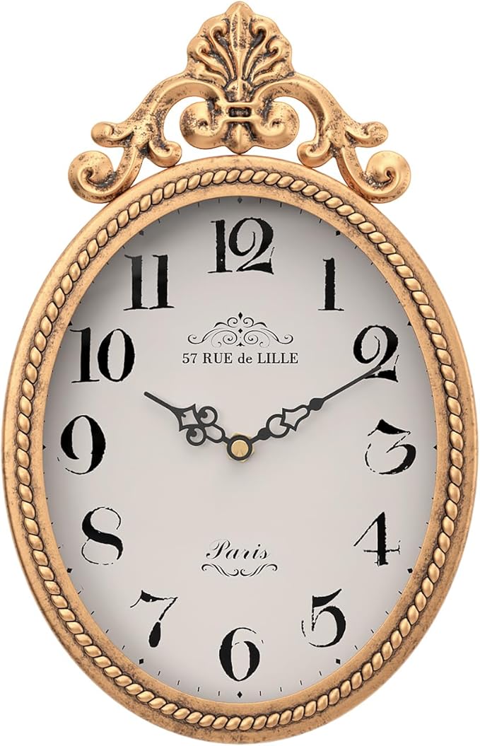 Abdurey Small French Retro Decorative Wall Clock, Antique Gold Vintage Oval Style,Silent Battery Operated Boho Decor Wall Clocks for Farmhouse,Kitchen,Bedroom,Bathroom(10.4" H x 6.7" W)-Ruum Studio Home
