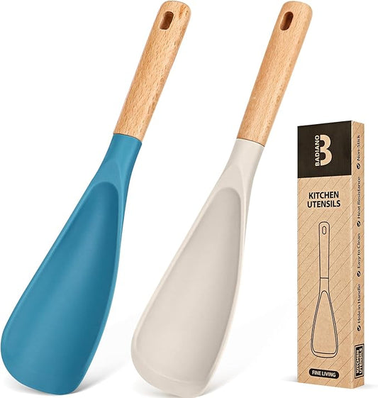 Cooking Spoon for Nonstick Cookwares, Great for Cooking and Serving Sturdy BPA-Free Matte Silicone, Wood Handle Spoon for Mixing, Scoop, and Scrape (Khaki & Turquoise, 11.4 inch)-Ruum Studio Home