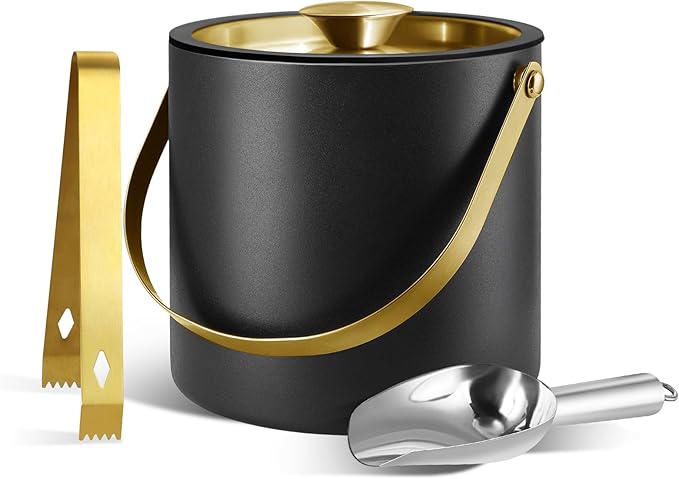 2L Ice Bucket with Silicone Lid, Scoop, Gold Tongs & Strainer, Stainless Steel Double Wall Insulated Ice Buckets for Parties & Cocktail Bar Outdoor Champagne Ice Container Bin, Black-Ruum Studio Home