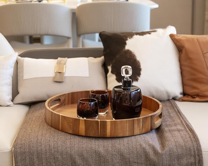 Round Wood Serving Trays Set of 2, Ottoman Tray Rustic Acacia Wooden Trays with Handles, Nesting Circle Tray with 4 Coasters for Coffee Table Living Room Bathroom Bedroom Party-Ruum Studio Home