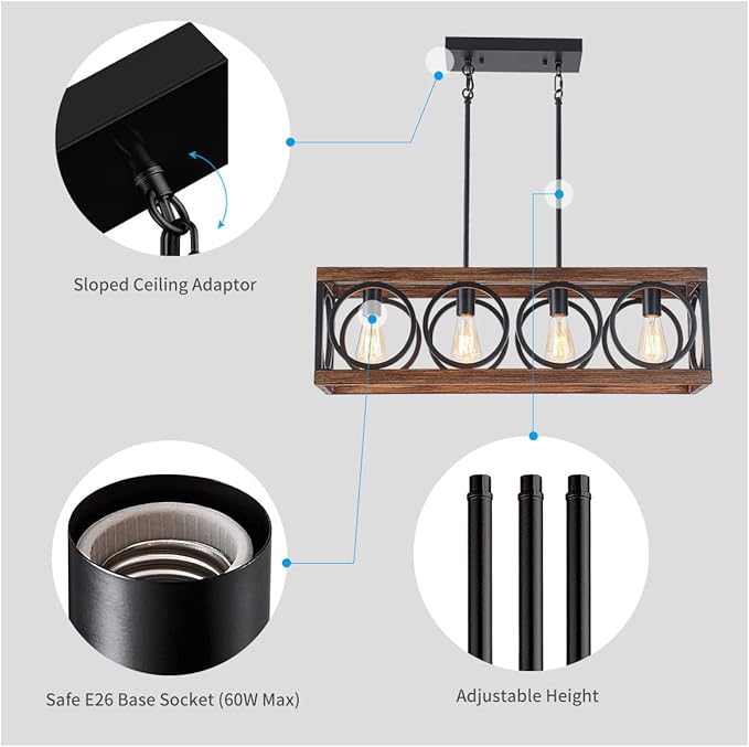 XINGQI Black Kitchen Island Light Fixtures, Farmhouse Dining Room Chandelier Rectangular Linear Chandeliers Pendant Ceiling Light Fixture for Bar Office Coffee Shop 4-Light Wood Grain-Ruum Studio Home