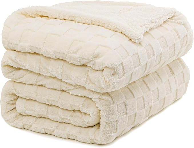 Pawque Super Soft Cozy Throw Blanket Queen Size for Couch Bed, Fluffy Sherpa Fleece Reversible Thick Warm Fuzzy Blanket for All-Season, 3D Checkered Jacquard Decorative Blankets, Cream White, 90"x90"-Ruum Studio Home