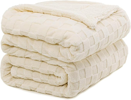 Pawque Super Soft Cozy Throw Blanket Queen Size for Couch Bed, Fluffy Sherpa Fleece Reversible Thick Warm Fuzzy Blanket for All-Season, 3D Checkered Jacquard Decorative Blankets, Cream White, 90"x90"-Ruum Studio Home