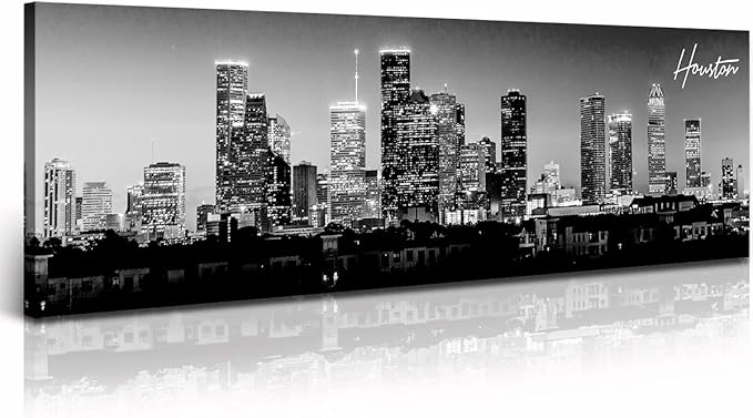 DJSYLIFE Houston Skyline Canvas Wall Art Decor Black & White City Pictures Painting Texas Cityscape Photo Print Artwork for Office Bedroom Living Room Walls Decoration Ready to Hang 13.8"x47.3"-Ruum Studio Home