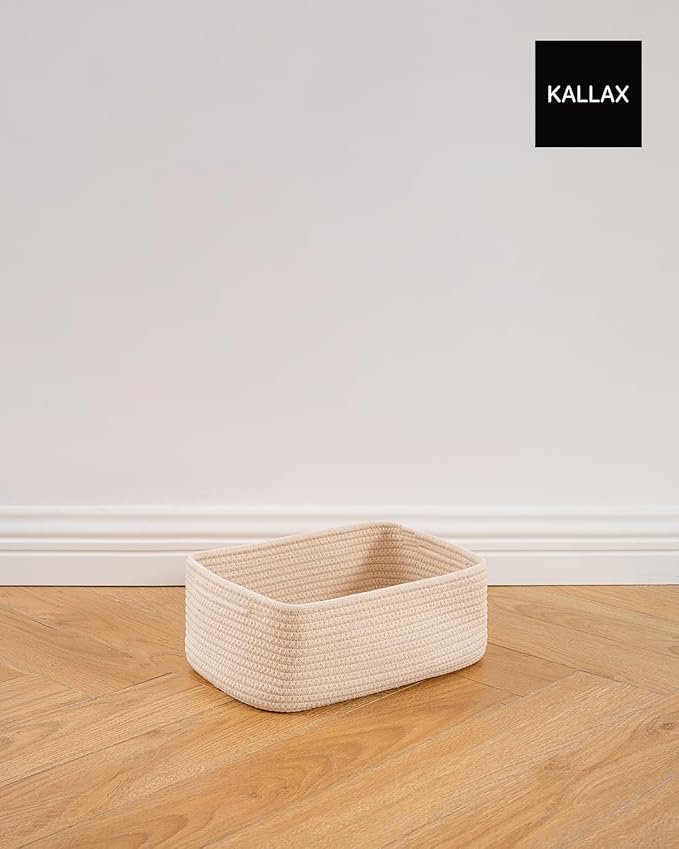 KALLAX Small Woven Basket, 12 x 8 x 4.5 Inches, Storage Basket for Organizing, Cute Small Rope Shelf Closet Cube Storage Bins Baskets for Shelves, Dog Toy Gift Baskets Empty, 3 Packs, Beige-Ruum Studio Home