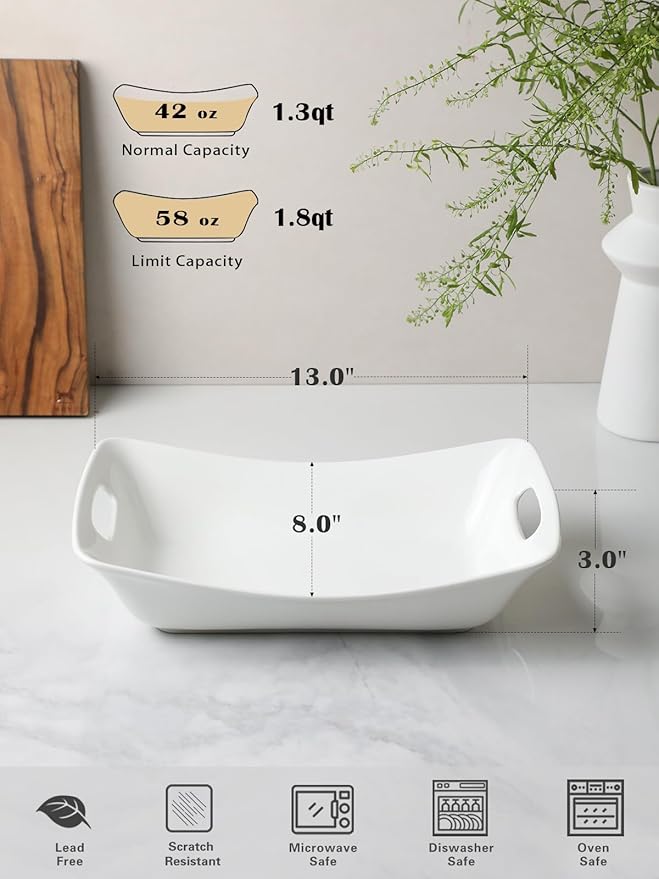 Kanwone Large Serving Bowls with Handles, White Serving Dishes For Entertaining, 1.8 Quarts Porcelain Bowl Set for Turkey, Fruit, Salad, Rectangle Serving Platter for Parites, Thanksgiving, Set of 2-Ruum Studio Home