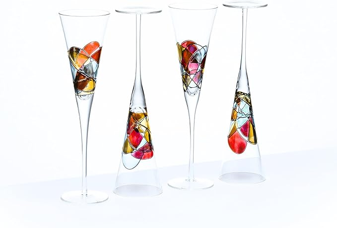 Victoria Barcelona Champagne Flute 7.5 Oz Set 4 Mouth-Blown Hand Painted Antoni Gaudi & Murano Inspired Artistic Unique Gift Ideas Anniversary Birthday Weddings Women Men-Ruum Studio Home