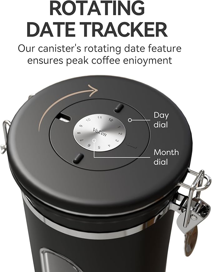 Veken Large Coffee Canister with Window, Rice Kitchen Food Storage Airtight Stainless Steel Container with Lids, Date Tracker and Scoop, Grounds, Beans, Tea, Flour, Cereal, Sugar Jars, 38oz, Black-Ruum Studio Home