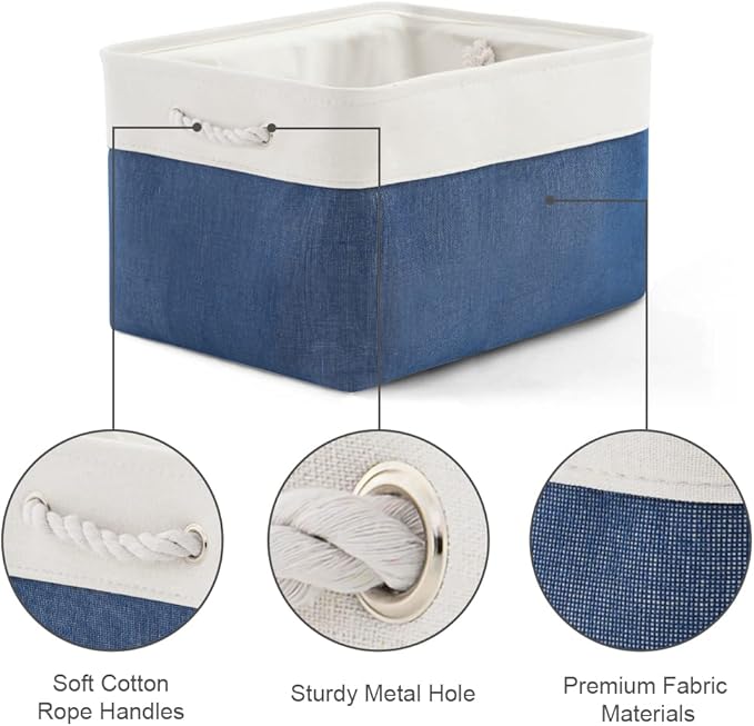 Organization and Storage Bins for Shelves - 2 Pack 17X15X12 inch Canvas Storage Cubes Collapsible Baskets for Organizing with Handles, Storage Box for Cloth Decorative (White & Blue)-Ruum Studio Home