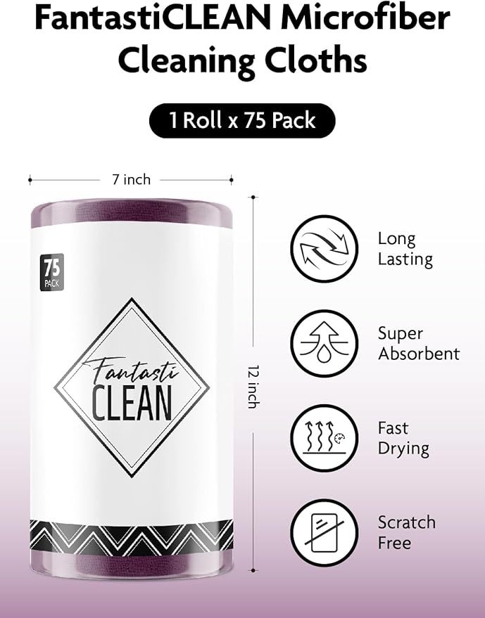 Fantasticlean Microfiber Cleaning Cloth Roll -75 Pack, Tear Away Microfiber Towels, 12" x 12", Reusable, Washable, Scratch Free, Ultra Absorbent Dish Rags for Car, Home, Garage or Shop (Dark Purple)-Ruum Studio Home