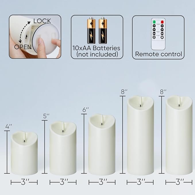 Homemory Outdoor Waterproof Flameless Candles, LED Candles, Battery Operated Candles with Remote and Timers, Electric Fake Plastic Pillar Candles, Ivory White, D3 H4 5" 6" 8" 8", Set of 5-Ruum Studio Home