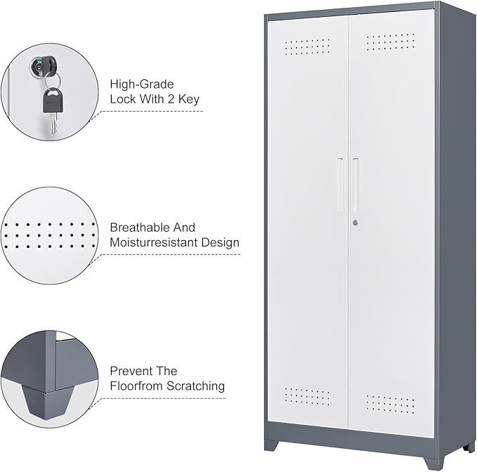 Garage Storage Cabinet,Broom Closet with Lock,Locking Cabinets with Hanging Rod & S-Hooks for School,Garage,Grey-White-Ruum Studio Home