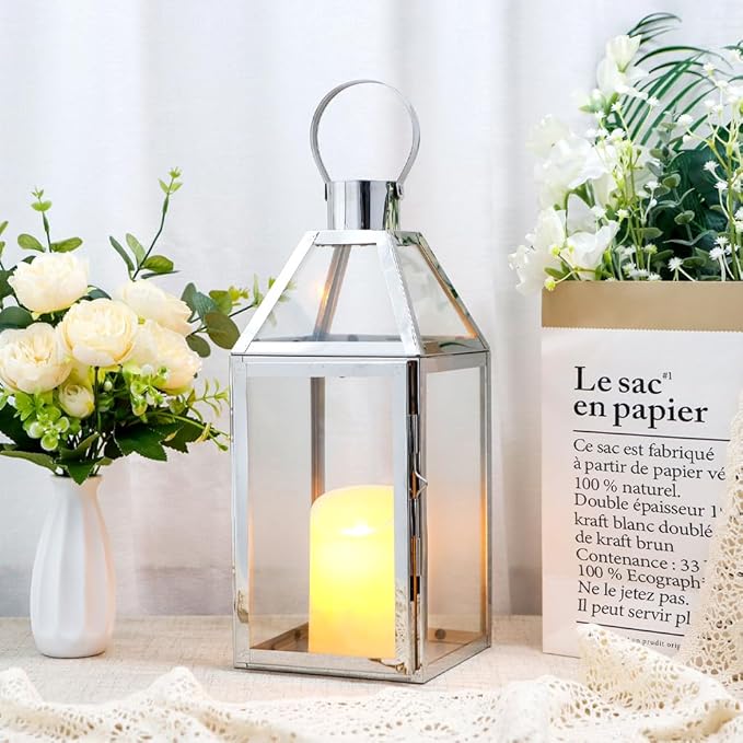 JHY Design Silver Decorative Lanterns 16inch High Stainless Steel Candle Lanterns with Tempered Glass for Indoor Outdoor Events Parities and Weddings-Ruum Studio Home