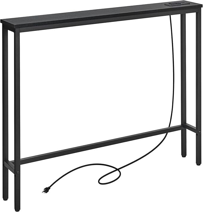 ELYKEN 5.9" Narrow Console Sofa Table with Power Outlets, 5.9" Dx39.4 Wx31.1 H Long Black Behind Couch Table with Metal Frame and Charge Station with 6.5’ Extension Cord-Ruum Studio Home