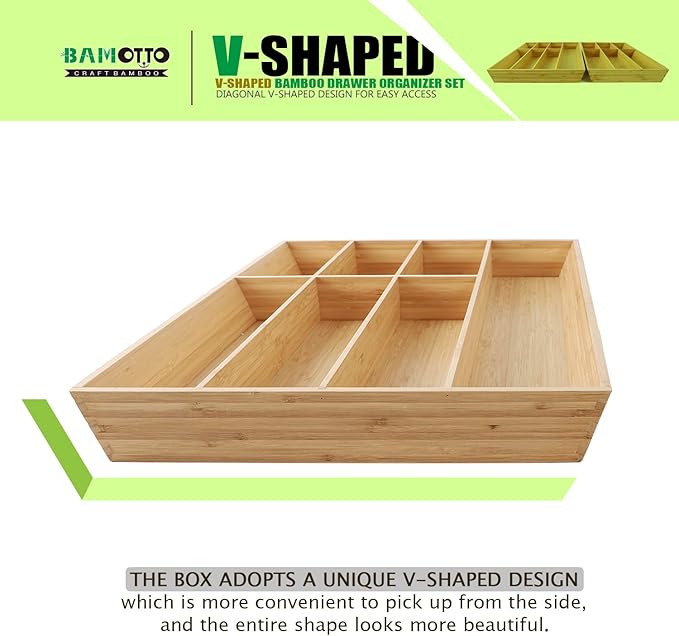 V-Shaped Extra Large Bamboo Drawer Organizer Set of 2, Kitchen Cutlery Tray Utensil Plate, Flatware&Silverware Storage Box, Wood Organizer for Bedroom, Living Room (19.6"x14.6" & 19.6"x12.4")-Ruum Studio Home
