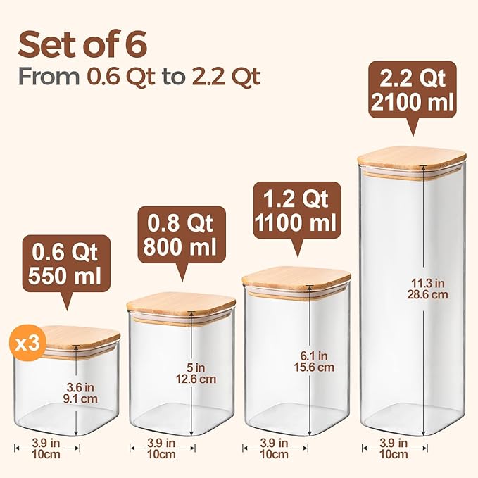 ComSaf Food Storage Containers with Airtight Lids Set of 6, Clear Glass Canister Food Jar with Sealing Lid Kitchen Pantry Storage Container for Spaghetti Pasta Sugar Flour Oat Cereal Beans, Square-Ruum Studio Home