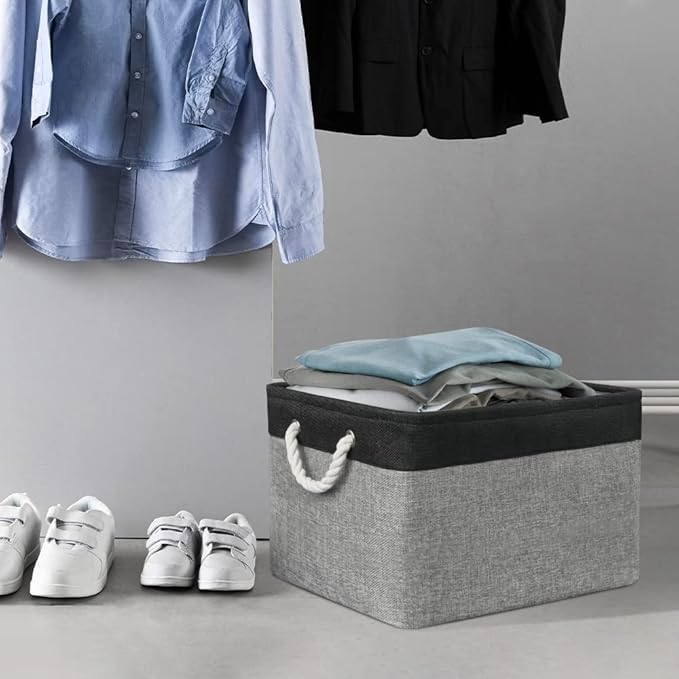 Organization and Storage Bins for Shelves - 17X15X12 inch 2 Pack Foldable Baskets for Organizing, Fabric Storage Cubes with Rope, Storage Box for Decorative Cloth (Black & Grey)-Ruum Studio Home