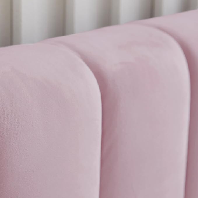 Livinia King Size Elton Velvet Platform Bed, Upholstered Bed Frame with Vertical Channel Tufted Headboard Footboard, Strong Wood Slats, No Box Spring Needed, Pink (King)-Ruum Studio Home