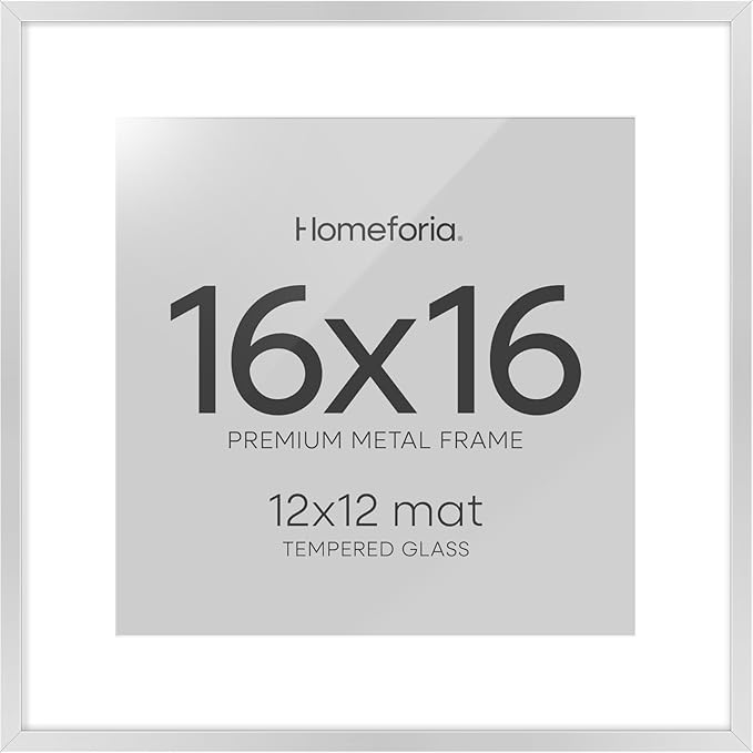 Homeforia 16x16 Silver Picture Frame, High End Metal 16 x 16 Square Frame with Mat 12 x 12 Photo, 16x16 Poster Frames Matted to 12x12 Print, 16 by 16 Hanging Frames, Tempered Glass, Wall Kit, Set of 1-Ruum Studio Home