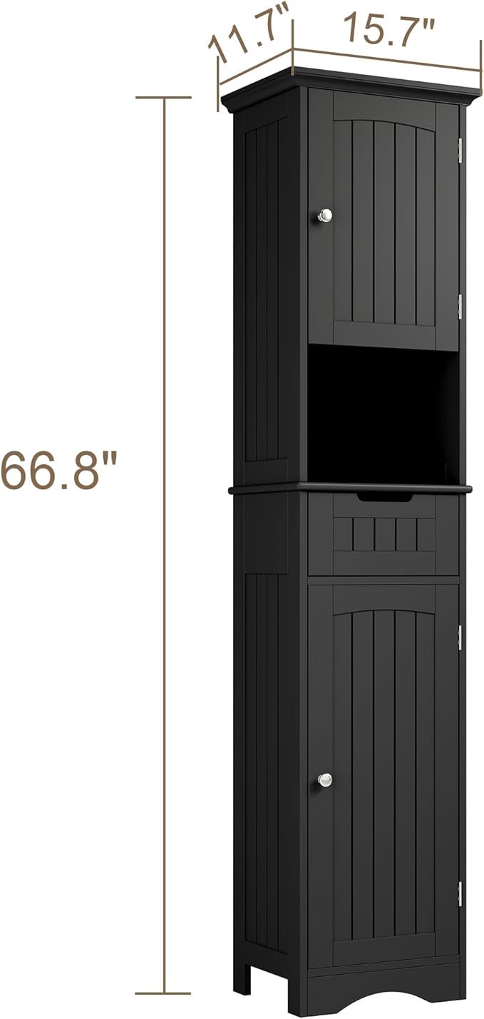 ChooChoo 67" Tall Bathroom Storage Cabinet Freestanding with Adjustable Shelves, Narrow Storage Linen Cabinet with 2 Doors and 1 Drawers for Bathroom, Living Room, Kitchen, Black-Ruum Studio Home