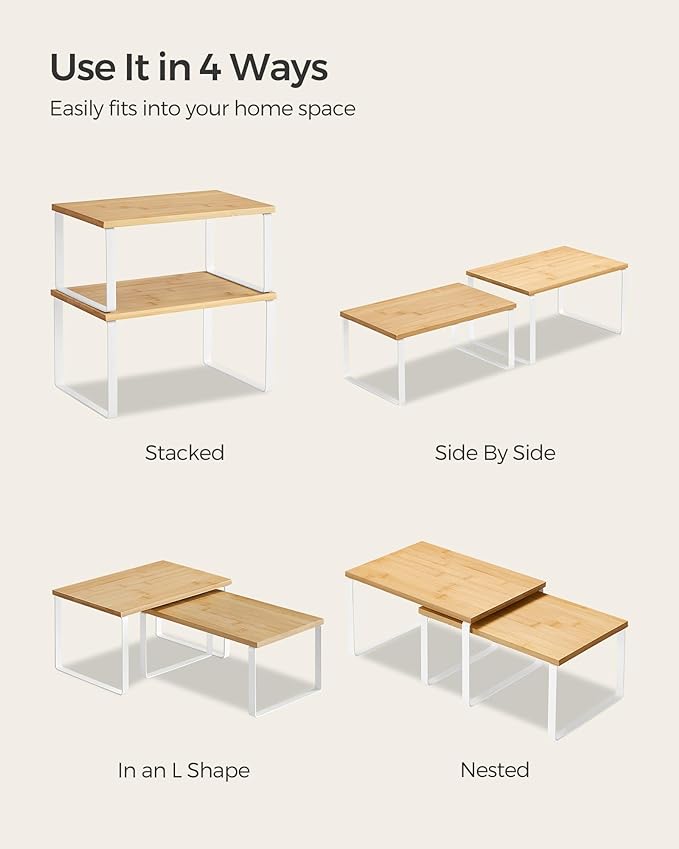 SONGMICS Cabinet Organizer Shelf, Set of 2 Kitchen Counter Shelves, Kitchen Storage, Spice Rack, Stackable, Expandable, Metal and Engineered Wood, Cloud White and Natural Beige UKCS02NW-Ruum Studio Home