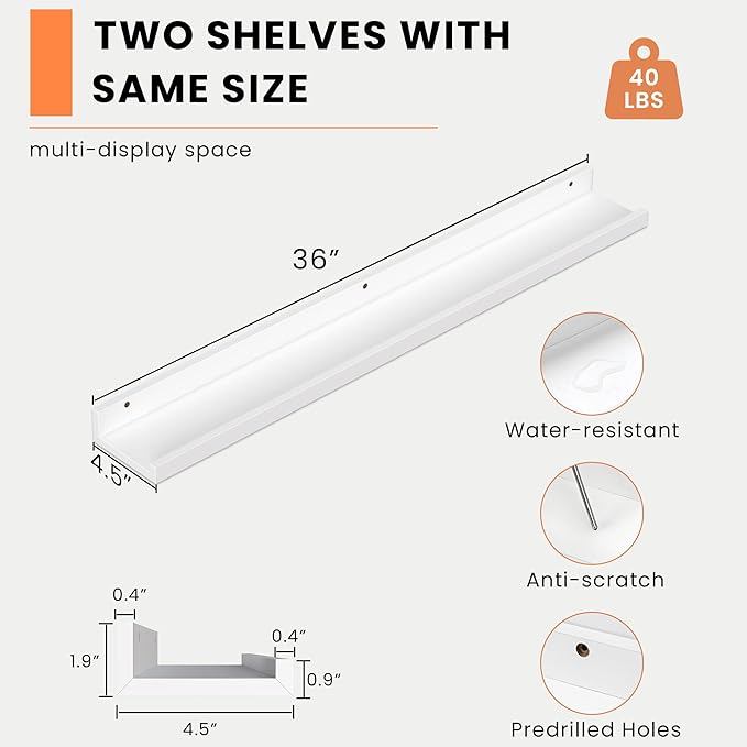 Heimlove Picture Ledge Shelf, Floating Shelves Set of 2, 36 Inches Picture Shelf for Wall with Ledge, Kids Bookshelf Wall Mounted for Living Room Bedroom Decor Books Photo Frames - White-Ruum Studio Home