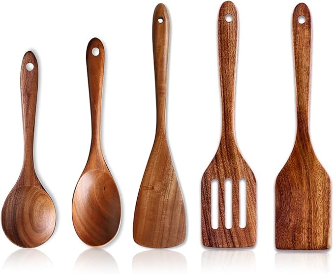 5 Pcs Best Wooden Spoons for Cooking Kitchen Utensils Set Acacia Wood Cooking Spatula Turner Non Toxic Utensil Slotted Serving Spoon Flat Spatulas Set Wooden Utensis Mixing Cooking Spoon Kitchen Tools-Ruum Studio Home