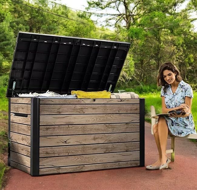 Outdoor Storage Box, Wood-Look Resin Deck Container, Indoor/Outdoor Storage, Ash Wood Brown (230 Gallon)-Ruum Studio Home