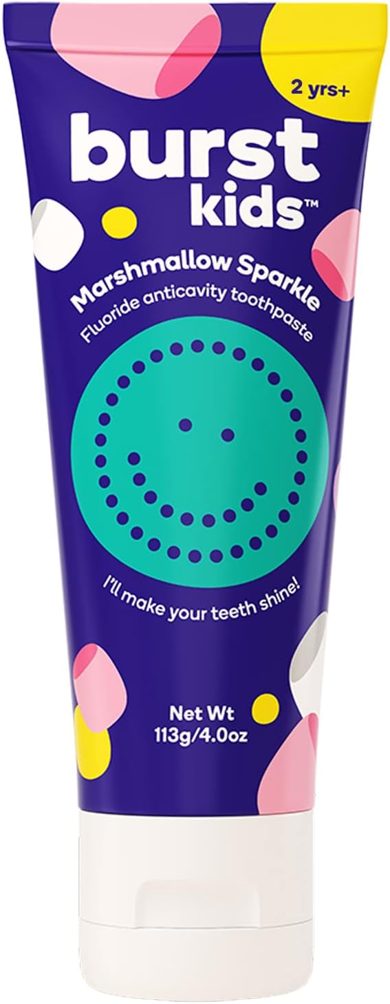 BURST Marshmallow Sparkle Kids Toothpaste with Fluoride (4oz) | Great Tasting | Flavored for Children & Toddlers | Anticavity | Dye Free & Vegan | Safe for Kids Ages 2+-Ruum Studio Home