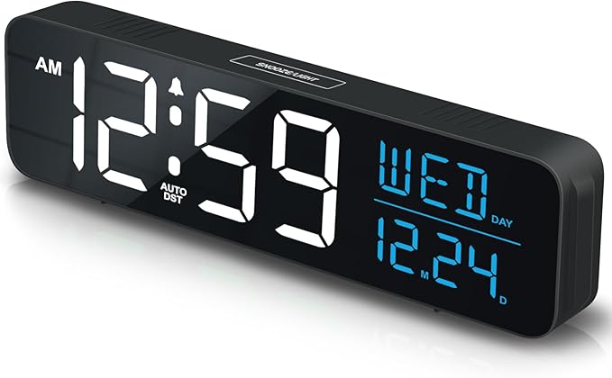 Peakeep Large Display Digital Alarm Clock for Bedrooms, Date Day of Week Calendar Desk Table Clocks for Living Room Office, Dimmable Plug in Electric Clock, 5 Volumes, Loud, Auto DST-Ruum Studio Home