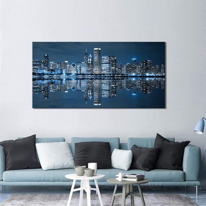 LevvArts Modern City Wall Art Chicago Downtown at Night Picture Print on Canvas Building Artwork for Office Living Room Wall Decoration-Ruum Studio Home