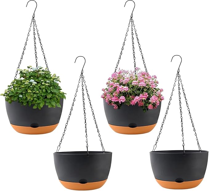 4 Pack Plastic Hanging pots for Plants Indoor,8 Inch Plant Pot Indoor Outdoor Hanging Baskets,Hanging Flower Pots with Drainage Holes and Chain for Garden Porch Plants(Black)-Ruum Studio Home