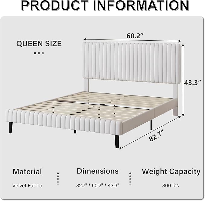 Queen Size Bed Frame with Headboard, Velvet Upholstered Platform Bed with Vertical Channel Tufted Design, No Box Spring Required, Easy Assembly, White-Ruum Studio Home
