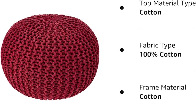 REDEARTH Round Pouf Ottoman - Hand Knitted Cable Boho Poof - Foot Stool Bean Bag - Home Décor Stuffed Footrest for Living Room - Nursery - Bedroom - 100% Cotton Poufs (19.5"x19.5"x14") - Red-Ruum Studio Home