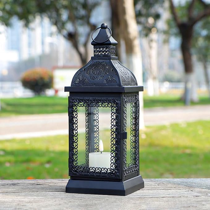 TRIROCKS Rustic Style Metal Candle Lantern 13'' High Decorative Outdoor Lantern Candle Holder with Tempered Glass for Christmas Living Room Garden Patio Parties Indoors Outdoors (Black)-Ruum Studio Home