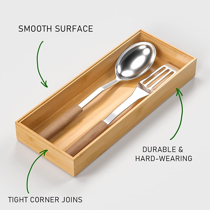 Bamboo Drawer Organizer, Stackable Utensil Organizer for Kitchen, Bamboo Storage Box Wood Silverware Tray for Drawer 15" x 6" x 2" Set of 2-Ruum Studio Home