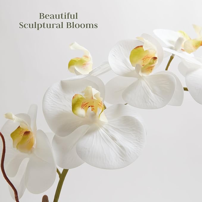 Faux White Orchid Plant, Premium Artificial Indoor Flower Display Stands 25-Inches with Beautiful Sculptural Blooms and Foliage That Lasts Forever, Grey Planter Pot Included-Ruum Studio Home