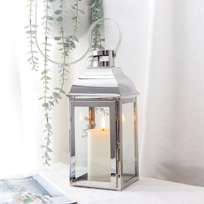 JHY DESIGN Silver Decorative Lanterns 12.5''High Stainless Steel Candle Lanterns with Tempered Glass for Indoor Outdoor Events Parities and Weddings Vintage Style Hanging Lamps-Ruum Studio Home