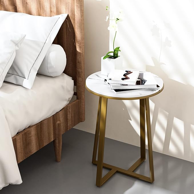 Round End Tables, Small Side Table White Marble Texture MDF Top,Metal Frame Gold Color, Tall End Table for Bed Room,Coffee Tea End Table for Living Room (White Marble+Gold)-Ruum Studio Home