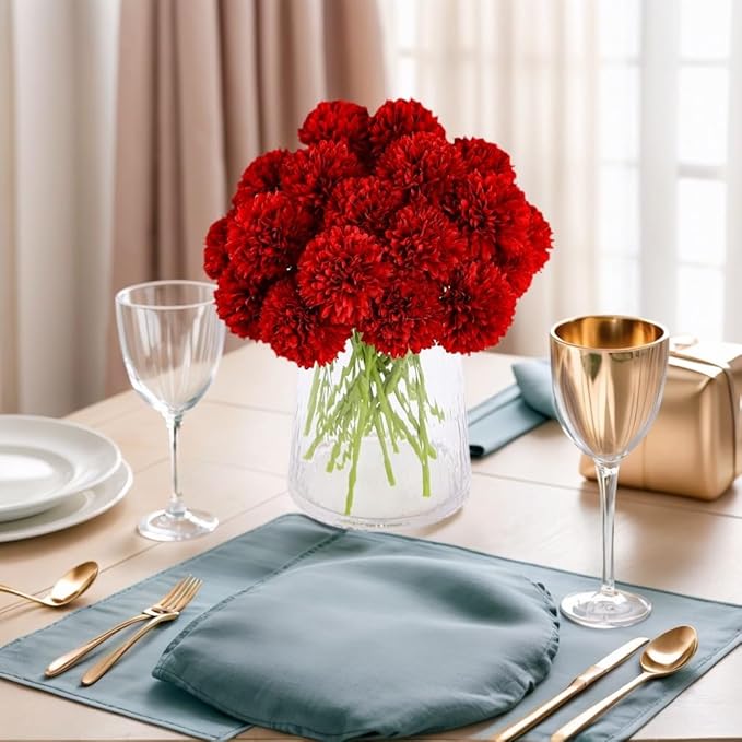 Kimura's Cabin 20pcs Fake Mums Flowers Artificial Silk Chrysanthemum Hydrangeas Ball for Wedding Arrangements Home Kitchen Party Table Centerpieces DIY Bouquets (Red)-Ruum Studio Home