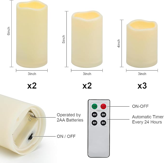 Aignis 7pcs Flameless LED Candles Battery Operated with Remote Timer, Outdoor Indoor Waterproof, Warm Glow for Cozy & Romantic Home/Wedding/Holiday Décor (D 3'' x H 4''/5''/6'')-Ruum Studio Home