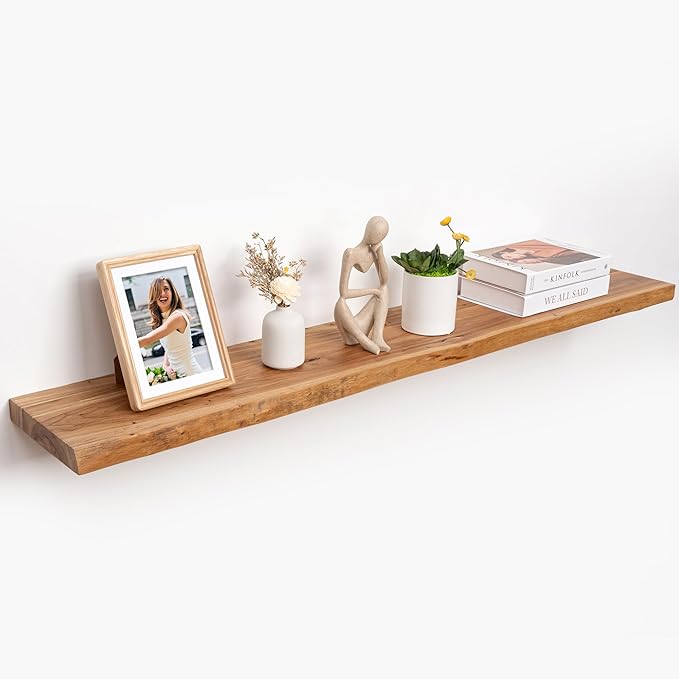 RICHFOCUS Live Edge Elm Floating Shelves - 55" W x 9.3" D Rustic Solid Wood Wall Shelves with Invisible Bracket, Wall-Mounted for Living Room, Bedroom, Kitchen Storage & Display, Set of 1, Natural-Ruum Studio Home