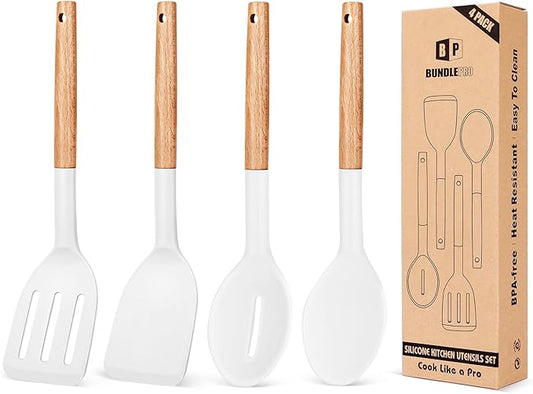 Pack of 4 Silicone Cooking Utensils Set, Non Stick Solid Spatulas and Heat Resistant Slotted Spoons with Wooden Handle, Ideal Wood Kitchen Utensils Set for Frying,Serving,Turning,Stirring (WHITE)-Ruum Studio Home