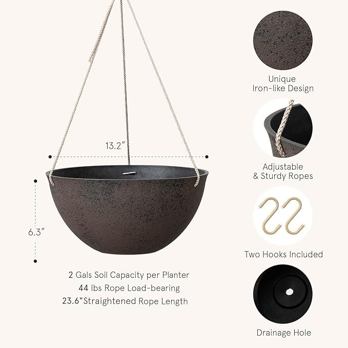 LA JOLIE MUSE Large Hanging Planters - 13 Inch Flower Pots Outdoor Indoor, Hanging Garden Planters Set of 2, New Iron Color-Ruum Studio Home
