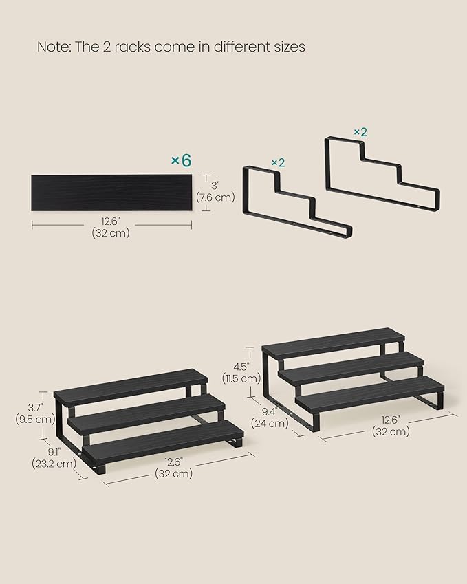 SONGMICS Display Risers, Set of 2 Engineered Wood Perfume Organizer Stand, 3-Tier Cupcake Stand Holder, Spice Rack, Shelf Risers for Figures, Dessert Shelves, Ebony Black and Ink Black UKCS116B01-Ruum Studio Home
